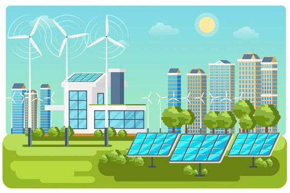 An illustration of a green eco friendly city with solar panels and wind turbines.